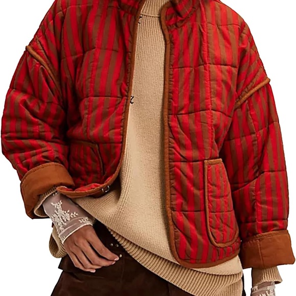 Boutique | Striped Red and Brown Oversized Women's Jacket Medium - Picture 2 of 9